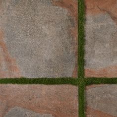 the grass is growing in between two squares of stone tiles on top of each other