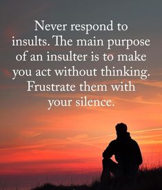 a man sitting on top of a grass covered hill next to a sunset with the words never respond to instills the main purpose of an insulator is to make you act without thinking