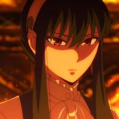 an anime character with long black hair and red eyes looks at the camera while standing in front of flames