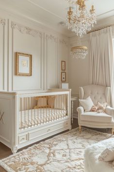 a baby's room with a crib, chair and chandelier in it