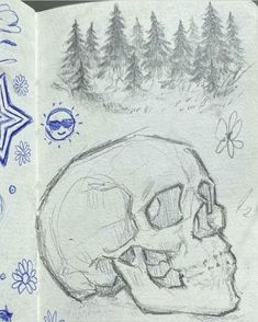 a pencil drawing of a skull in the woods