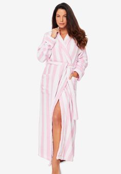 Wrap yourself up in a soft and absorbent robe with an inner tie and fuzzy self-tie belt. Front patch pockets are soft and cozy. 53" lengthThis style also comes in a 44" length! Search 6-28985 to shop.Pure cotton, importedMachine washable | Plus Size Women's Long Terry Robe by Dreams & Co. in Pink Stripe (Size M) Kimono Shrug, Terry Robe, One Piece Clothing, Womens Scrubs, One Piece Pajamas, Swimsuits For All, Petite Tops, Plus Size Shorts, Deep Teal