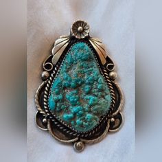 Big Turquoise Nugget Pendant In Sawtooth Bezel Setting Rope Edge With Scallop Details 2.3" Tall X 1.5" Across Signed With An F B1 Bezel Setting, Unique Vintage, Womens Jewelry Necklace, Vintage Jewelry, Color Blue, Jewelry Necklaces, Women Jewelry, Turquoise, Pendant