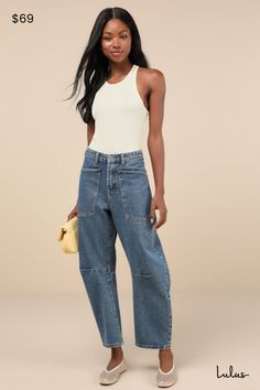 We can't get enough of the utility-chic vibes the Steve Madden Haniel Medium Wash High-Rise Barrel Jeans are bringing! Sturdy denim shapes these on-trend jeans that have a high waist, belt loops, and a hidden zip fly with top button closure. Large, cargo-style patch pockets provide plenty of storage, along with two more pockets at the back. Legs have a barrel-style silhouette with darted knees and ankle-length hems. Fit: This garment fits true to size. Length: Ankle length. Size medium Inseam: 27.00 Front Rise: 11.50 Waist: Fitted - very fitted at natural waist. Hip: Loosely Fitted. Fabric: Fabric has no stretch. Unlined. 93% Cotton, 6% Rayon, 1% Other Fiber. Machine Wash Cold With Like Colors. Only Non-Chlorine Bleach When Needed. Tumble Dry Low. Use Warm Iron If Necessary. Imported. Lulu