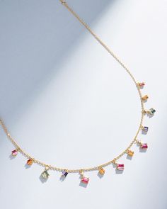 Suzanne Kalan Bold Rainbow Sapphire Cascade Necklace in 18k yellow gold Cascade Necklace, White Diamond Necklace, Necklace Stack, Rainbow Sapphires, Station Necklace, Sapphire Jewelry, Rose Gold Necklace, White Diamonds, Staple Pieces