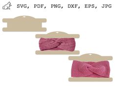 two pink knitted headbands on wooden hangers, one with a bow