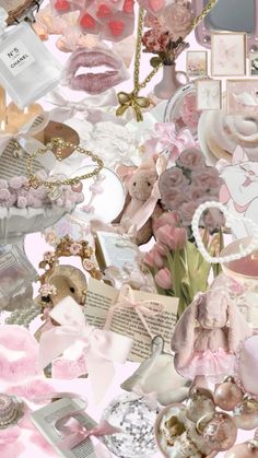 a collage of pink and white items with hearts, flowers, pearls, and other things