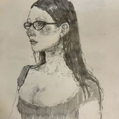 a pencil drawing of a woman with glasses