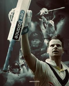 a man holding up a bat in front of a collage of baseball players and words