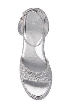 A platform and towering heel bring party-ready vibes to this strappy sandal that's covered in glitter to bring extra sparkle to every stride. 3 3/4" heel Textile upper/synthetic lining/rubber sole Imported Olivia Miller, Sandal Women, Strappy Sandals, Silver Glitter, Platform Sandals, Nordstrom Rack, Rubber Sole, Womens Sandals, Nordstrom