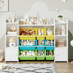 a white shelf filled with lots of toys