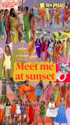 a collage of women in different dresses and colors with the words meet me at sunset