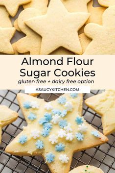 almond flour sugar cookies with blue and white sprinkles on a cooling rack