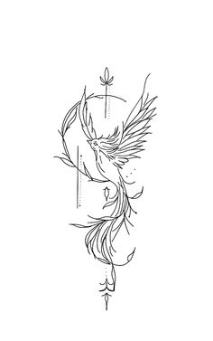 a drawing of a bird with an arrow on it's back and wings in the air