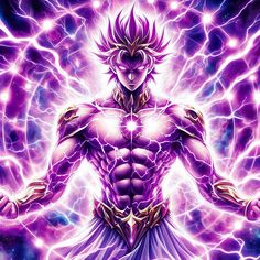 an anime character with purple hair and lightnings in the background, holding his hands out