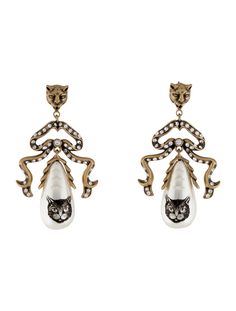 Gucci Mystic Cat Faux Pearl  Crystal Earrings - Earrings - GUC407875 | The RealReal Gucci 2016, Gucci Jewelry, Pearl Crystal, Keshi Pearls, Freshwater Cultured Pearls, Cat Earrings, Silver Enamel, Pearl Drop, Chandelier Earrings