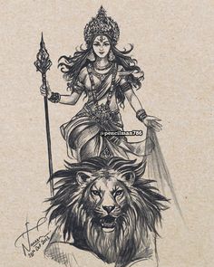 Bharat Maa Drawing, Devi Sketch Pencil, Durga Maa Aesthetic Drawing, Durga Devi Mandala Art, Durga Devi Sketch, Dashain Drawing, God Pencil Sketch, Indian Gods Drawing, Hinduism Drawing