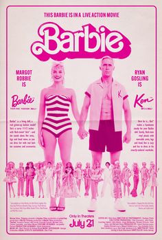 a movie poster for the film barbie starring in pink and black swimsuits, with two men standing next to each other