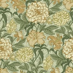 a floral wallpaper with many flowers and leaves on green background, in shades of yellow