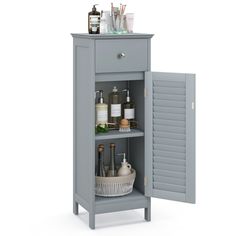 an open cabinet with bottles, soaps and other items in it on a white background