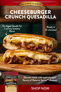 cheeseburger crunch quesadilla is shown on a cutting board with the recipe below it