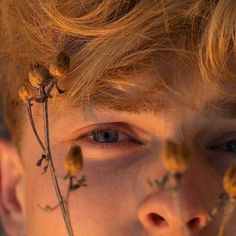 a young man with flowers on his face