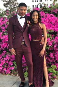 Halter Two Piece Sleeveless Side Slit Lace Prom Dresses - Prom Dresses Burgundy Groom, Groomsman Suits, Prom Outfits For Guys, Suits For Wedding, Groom And Groomsmen Suits, Prom Costume, Prom Suits For Men, Prom Couples, Beautiful Evening Dresses