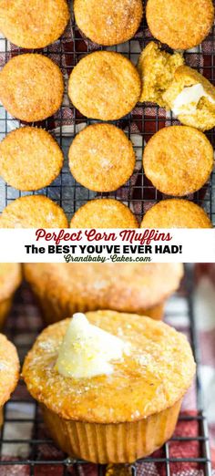 muffins cooling on a rack with the text perfect corn muffins the best you've ever had