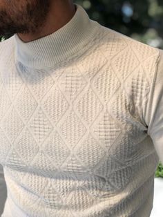 Slim-Fit Patterned Turtleneck Knitwear Ecru-baagr.myshopify.com-sweatshirts-BOJONI Patterned Turtleneck, Color Clothes, White Turtleneck Sweater, Mens Fashion Sweaters, Slim Fit Sweater, Swag Men, Mens Fashion Smart, Slim Sweater, Ecru Color