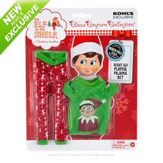 the elf on the shelf costume set is green and has an elf outfit with red pants