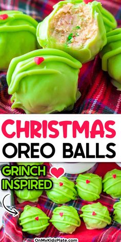 christmas oreo balls with green frosting and sprinkles in the middle