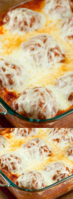 two pictures of a casserole dish with meatballs and cheese in it on a wooden table