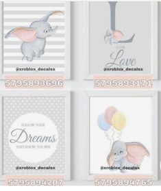 four cards with animals and balloons on them in pink, gray, white and grey colors