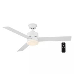 a white ceiling fan with a light on the top and remote control attached to it