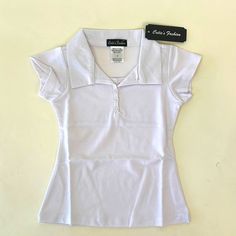 Made Of A Durable Cotton Blend With A Feminine, Slim Fit Silhouette, This Preppy Polo Is A Versatile Wardrobe Staple. Has Built In Bralette Lining. Buttons Have Some Extra Threading Around It. New With Tags. 65% Cotton / 35% Polyester Machine Wash Imported Fitted T-shirt For School In Spring, White Stretch Collared Top, Classic Tops For School In Spring, Classic Spring Tops For School, Classic Summer School Tops, Classic Fitted School T-shirt, Classic Fitted Tops For School, Stretch Tops For School In Summer, Stretch Summer Top For School