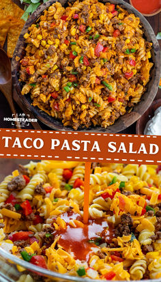 taco pasta salad in a glass bowl with the title above it