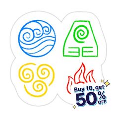 four different colored stickers with the words buy 10 get 50 % off on them