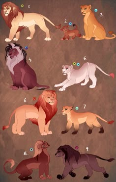 the lion family is shown in different colors and sizes, with numbers on each side