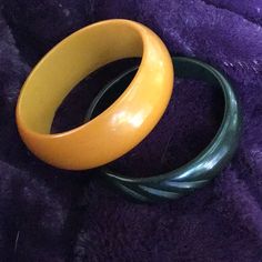 Not Positive But These Look Like Bakelite To Me, My Sister Was A Huge Art Deco Collector And These Were Part Of Her Collection. Black One Has Carvings, Yellow/Gold One Does Not Huge Art, Art Deco Color, Vintage Art Deco, My Sister, Womens Jewelry Bracelets, Vintage Black, Vintage Art, Vintage Ladies, Vintage Jewelry