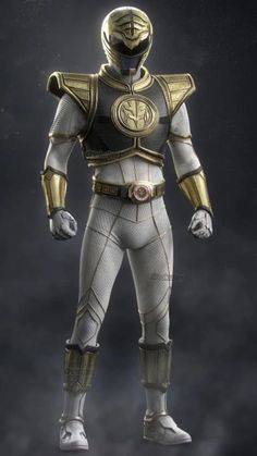 an artist's rendering of a man in white and gold armor with his hands on his hips