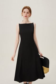 Discover timeless elegance with our French style black formal dress. This sleeveless boat neck dress features a fitted waist and fishtail hem, perfect for both formal events and professional settings. The X-shaped silhouette enhances your figure for a chic, sophisticated look. Black Boat Neck Dress, Black Boat, Black Formal Dress, Tank Top Skirt, Black Backless Dress, French Women Style, Boat Neck Dress, Black Dress Formal, Black Formal