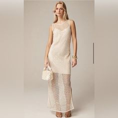 Worn Once Sold Out Online Medium Chic Crochet Dress For Summer Evenings, Chic Sleeveless Crochet Evening Dress, Chic Crochet Evening Dress Maxi Length, Summer Evening Crochet Dress, Sleeveless Crochet Dress For Spring Evenings, Summer Beige Maxi Dress For Cocktail, Elegant Beige Crochet Dress For Vacation, Elegant Long Crochet Summer Dress, Dress With Pearls