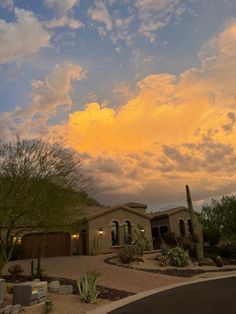 a desert home with cactus and cacti in the front yard at sunset or dawn