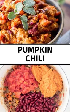 three different types of food with the words pumpkin chili