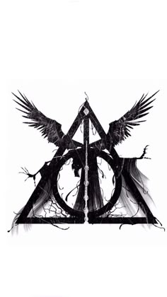 the deathly symbol for harry potter's house with two crows flying over it