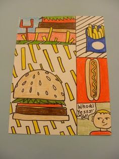 a drawing of a hamburger and french fries