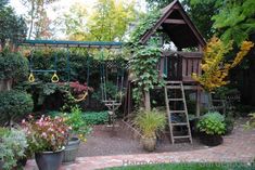 a wooden swing set in the middle of a garden