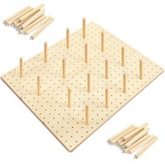 the peg board is made out of wood and has six wooden dows on it