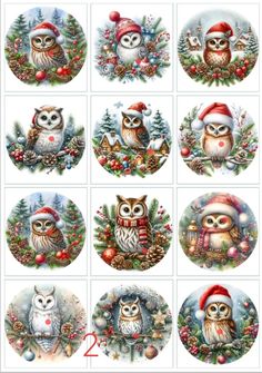 twelve owls with christmas decorations on them