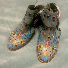 Embroidered Ankle Boot Size 6 Women’s Never Worn Ankle Strap With Buckle Color Comparison: Misty Aqua Beautiful Floral Embroidery And Detailing! Smoke Free Spring Floral Embroidered Closed Toe Boots, Spring Floral Embroidery Closed Toe Boots, Embroidered Boots For Spring Festivals, Floral Embroidered Boots For Spring Festival, Floral Embroidery Boots For Spring Festival, Spring Festival Embroidered Boots, Embroidered Closed Toe Summer Boots, Spring Embellished Boots With Round Toe, Spring Floral Embroidered Multicolor Boots